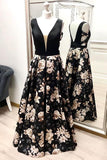 A Line V Neck Floral Prom Dresses, Long Black Prom Gown DMK27