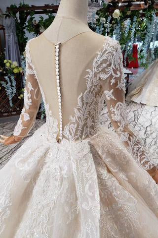 Princess Long Sleeves Ball Gown Lace Wedding Dresses, Long Bridal Dress DMN43