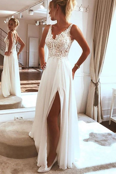 Stunning A Line Lace Top Chiffon Boho Bride Dress With Slit Wedding Gown DMW33