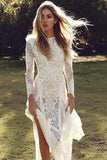 Off White Sheath Long Sleeve Backless Lace Wedding Dress,Summer Beach Wedding Dress DMA54