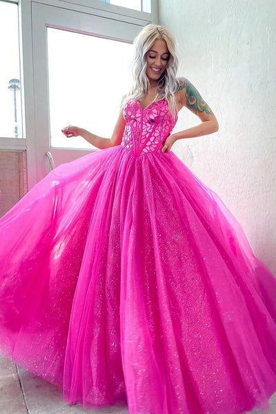 Gorgeous Ball Gown Sweetheart Fuchsia Tulle Prom Dress With Beading Sweet 16 Dresses DMP220