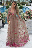 A-Line V-Neck Long Sleeves Tulle Prom Dresses with Floral Appliques DMN10