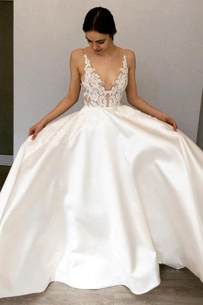 A-Line Deep V-Neck Floor-Length Satin Wedding Dress with Lace Appliques DMR42