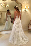 Elegant A-line V-neck Tulle Floor Length Wedding Dresses With Lace Appliques DMC94