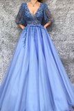 A-Line V-Neck Half Sleeves Tulle Prom Dress with Appliques DMQ94